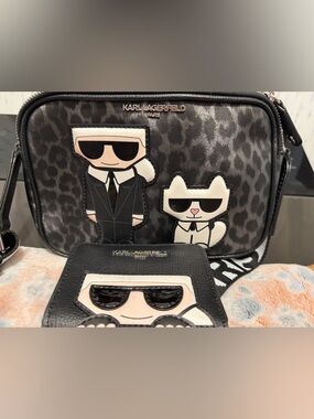 Karl Lagerfeld Black Leopard-Print Tote with Character Appliqués